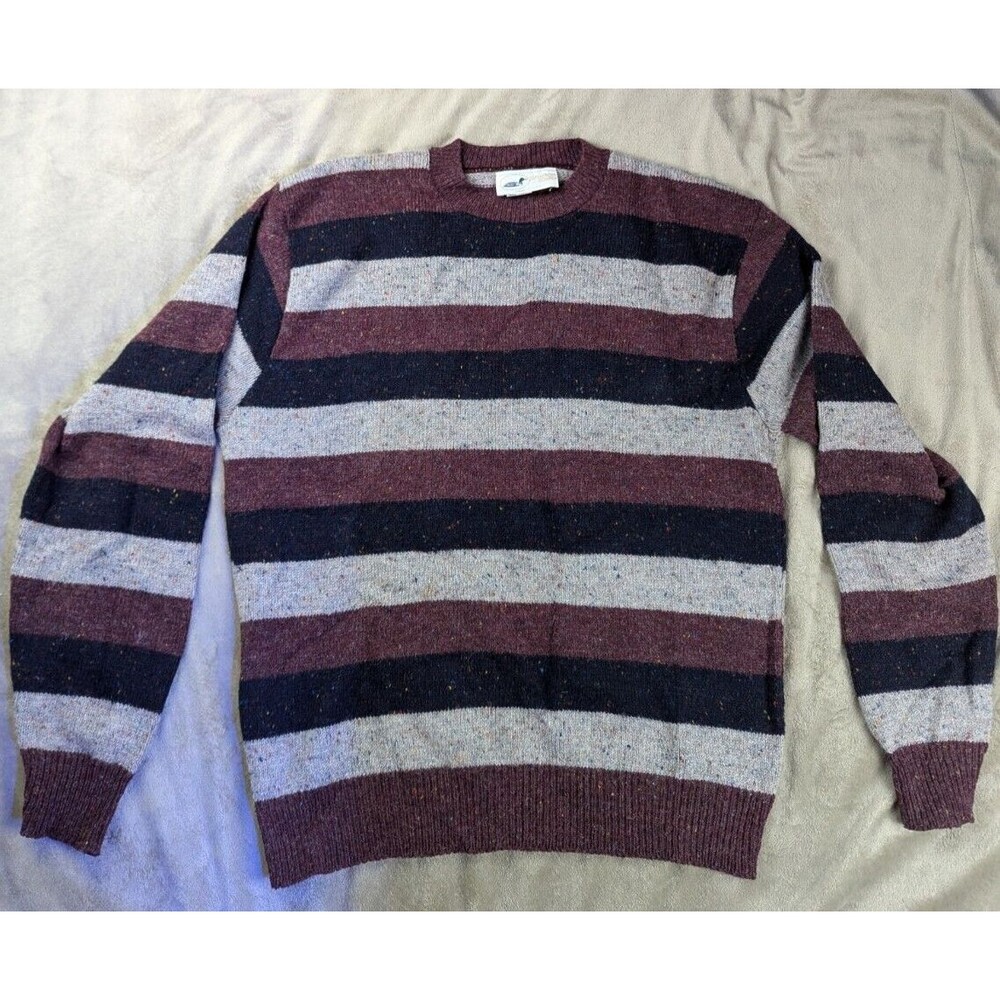 Vtg Winona Knits 70% Shetland Wool Grey/Red/Blue Made in USA Sweater SZ: L